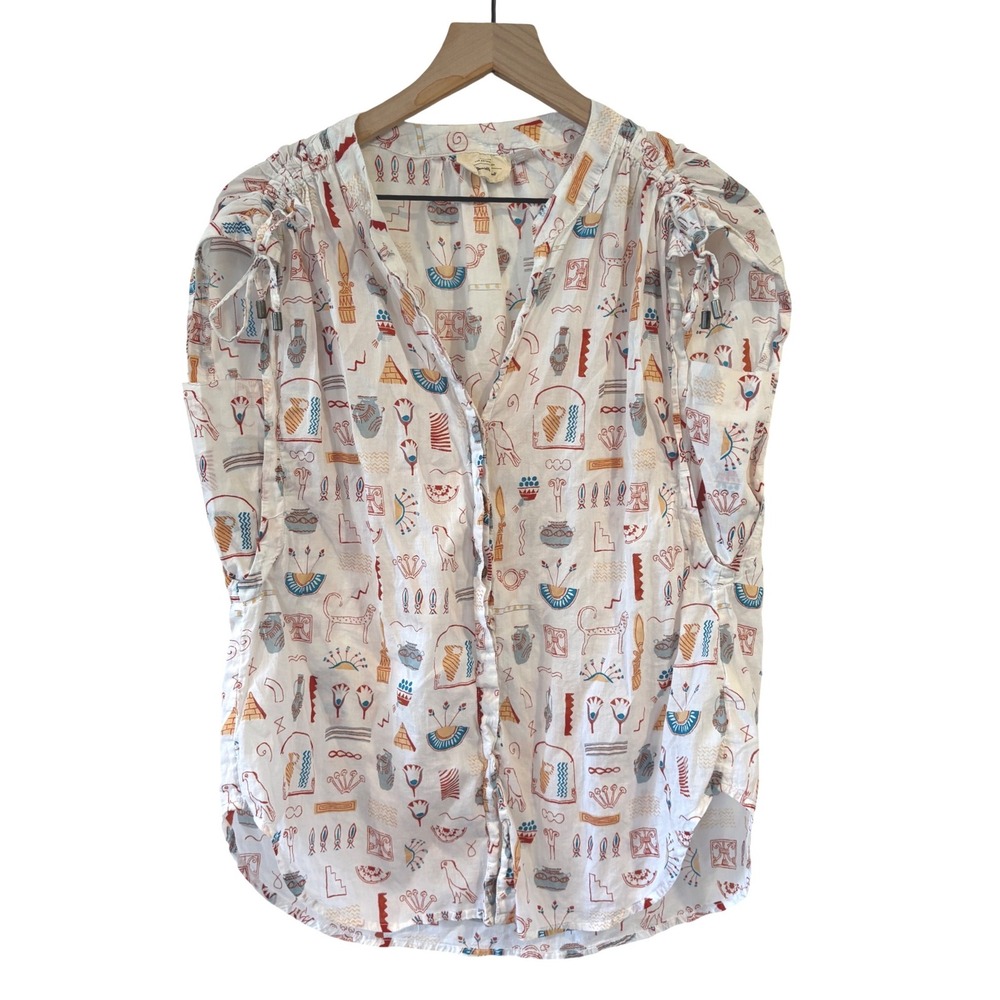 Anthropologie Danielle Kroll Egyptian Hieroglyphic Print Top White Sleeveless S